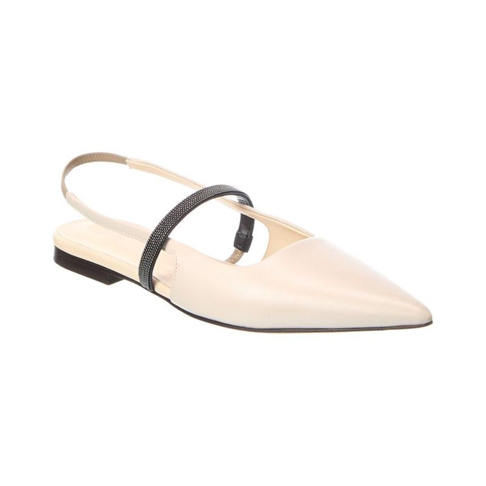 Brunello Cucinelli Leather Slingback Flat, White